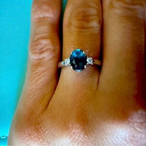 White Gold diamond and London Blue Topaz Ring Size 6